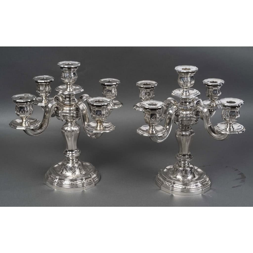 Goldsmith TETARD – Pair of 5-light candelabra in solid silver 4th century XNUMX