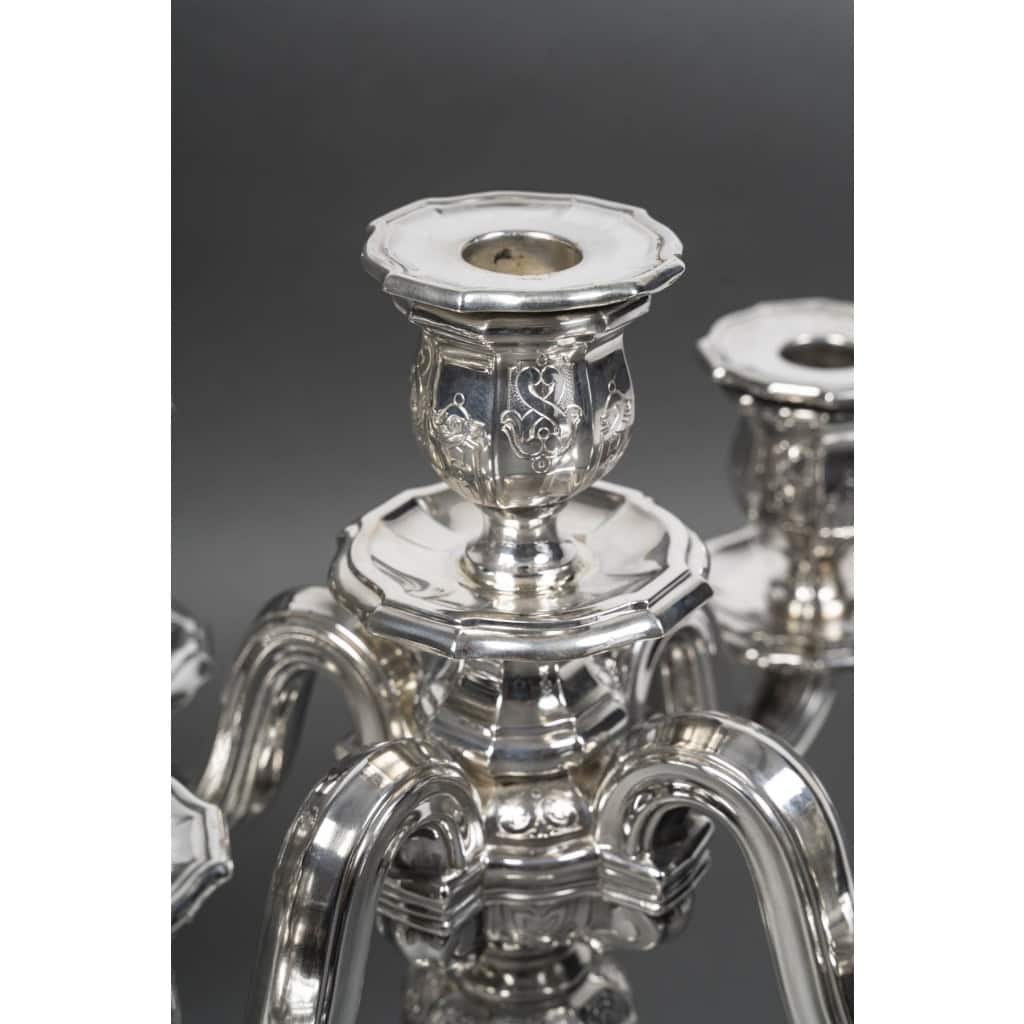 Goldsmith TETARD – Pair of 5-light candelabra in solid silver 7th century XNUMX