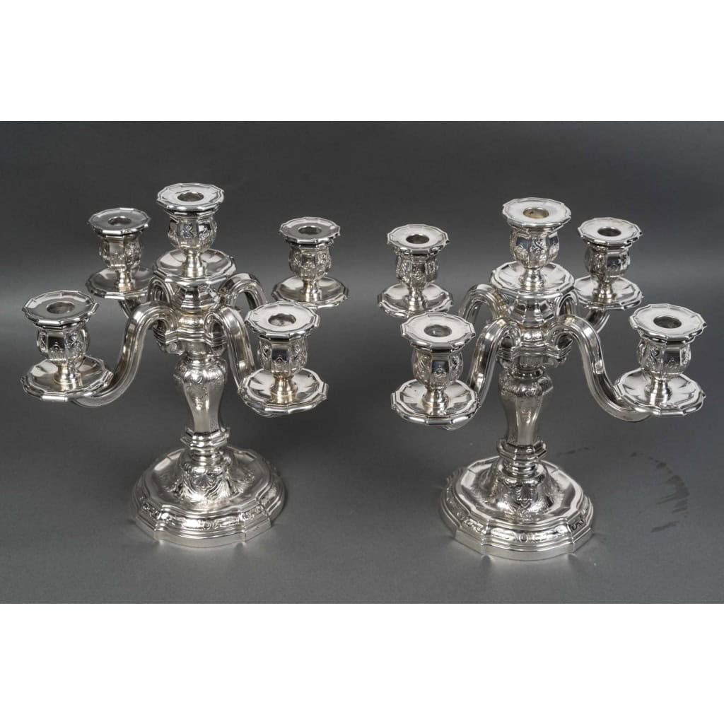 Goldsmith TETARD – Pair of 5-light candelabra in solid silver 8th century XNUMX