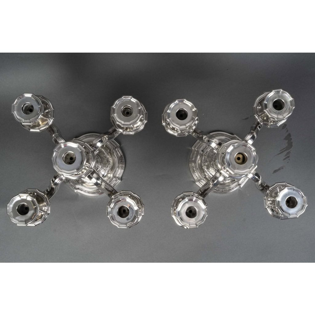 Goldsmith TETARD – Pair of 5-light candelabra in solid silver 13th century XNUMX