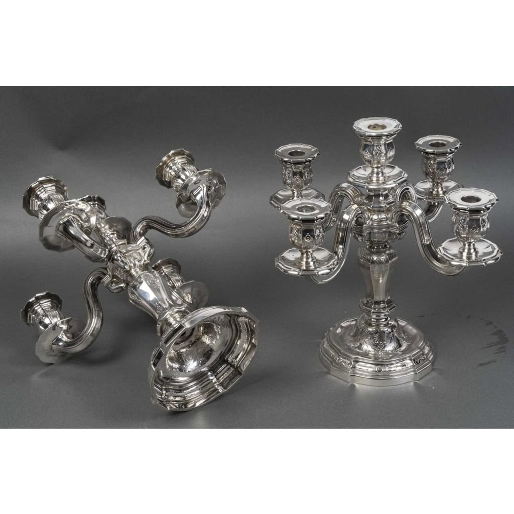 Goldsmith TETARD – Pair of 5-light candelabra in solid silver 14th century XNUMX