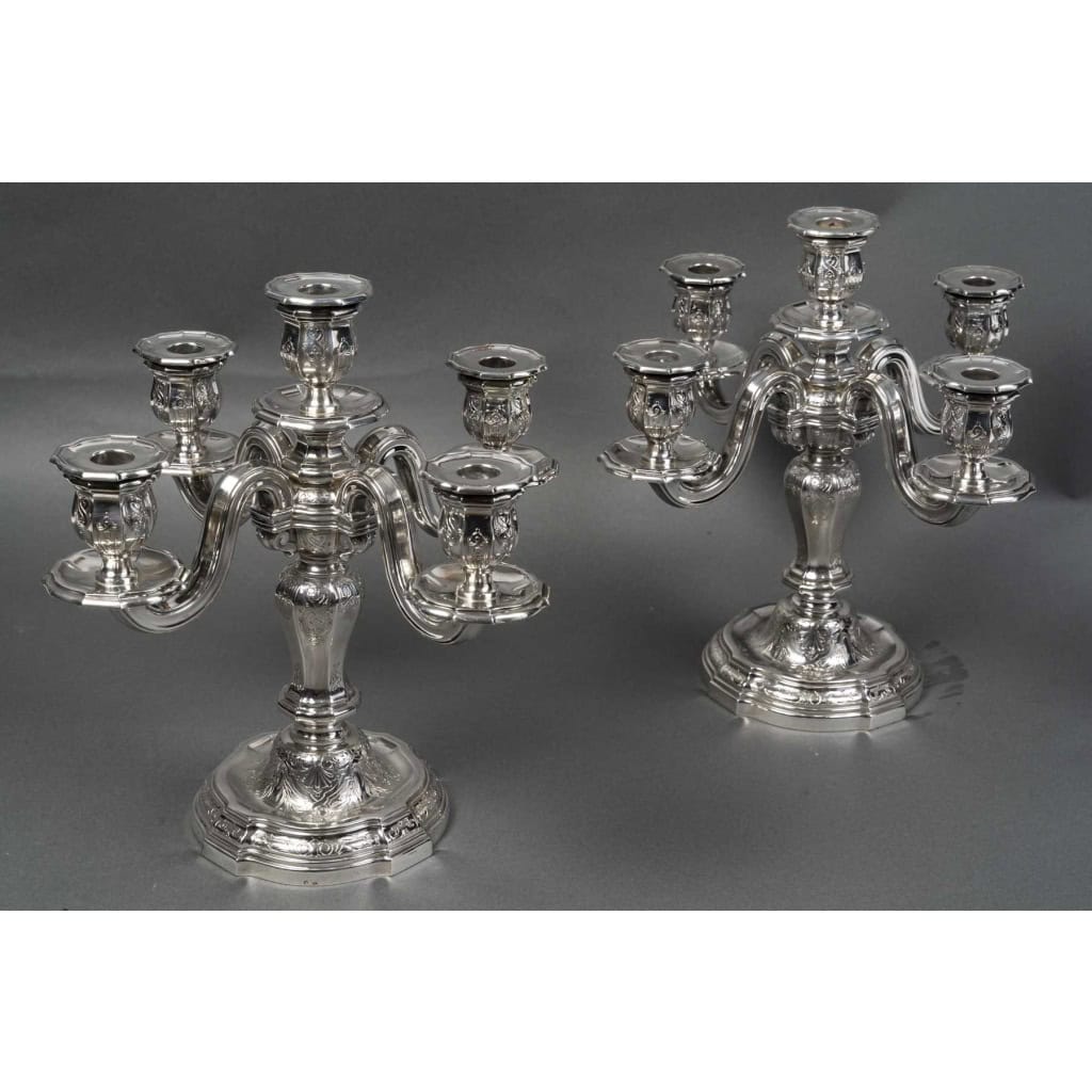 Goldsmith TETARD – Pair of 5-light candelabra in solid silver 19th century XNUMX