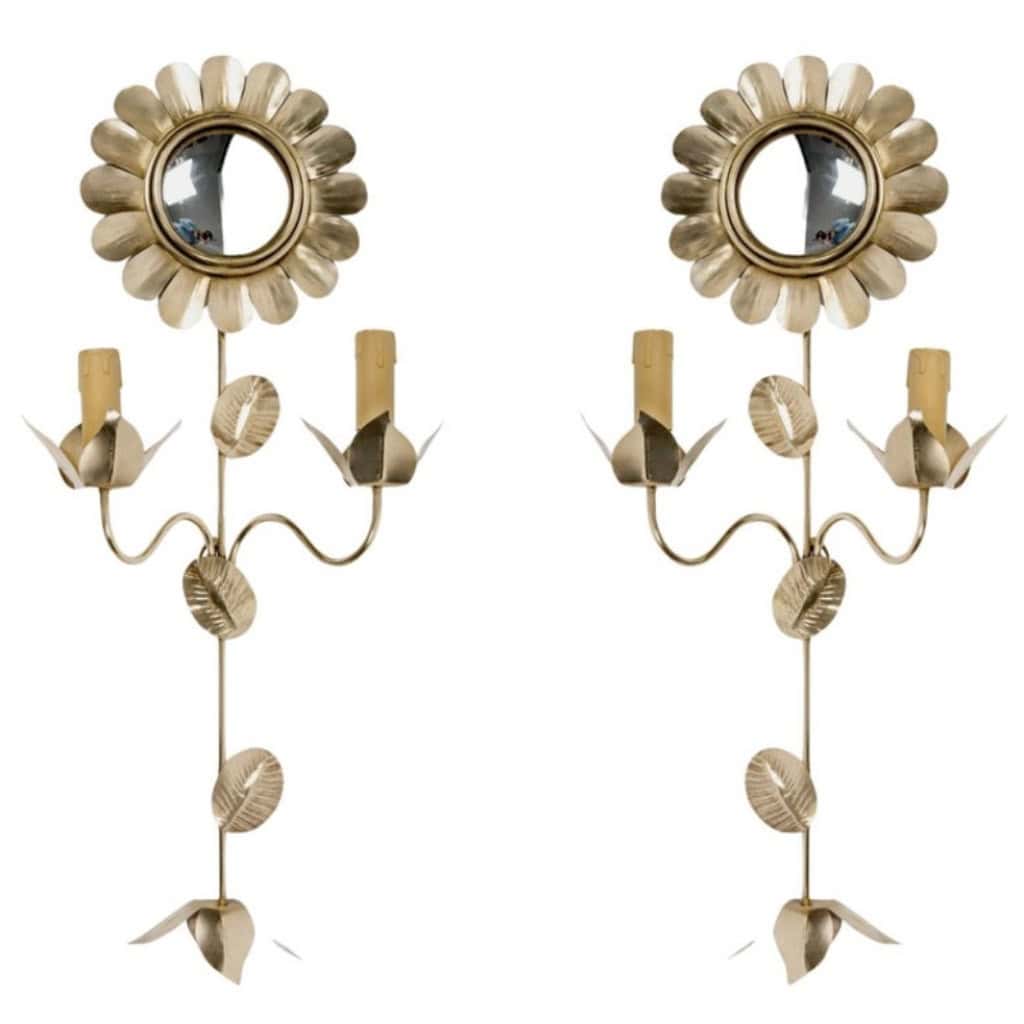 1960 Grande paire d’appliques en laiton doré de la Maison Honoré 3