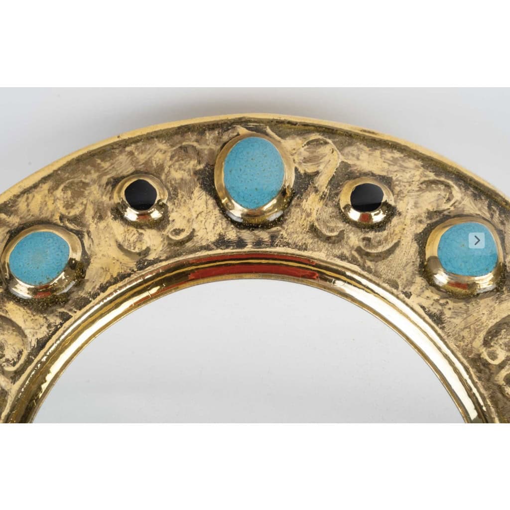 1970 Miroir Francois Lembo, Céramique, Bijoux, Or, Vert Emeraude, Signé 4