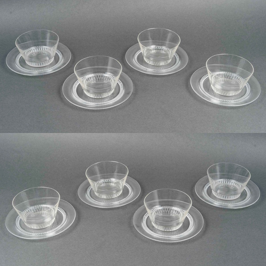 1933 René Lalique – Service Art Déco Bourgueil Verre Blanc – 8 Bols + 8 Assiettes 3