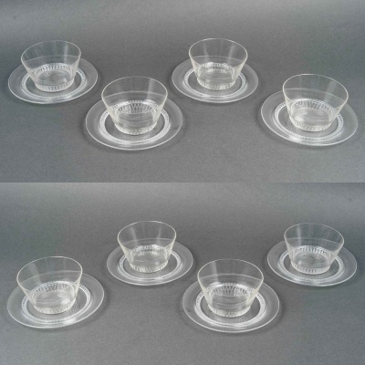 1933 René Lalique – Service Art Déco Bourgueil Verre Blanc – 8 Bols + 8 Assiettes