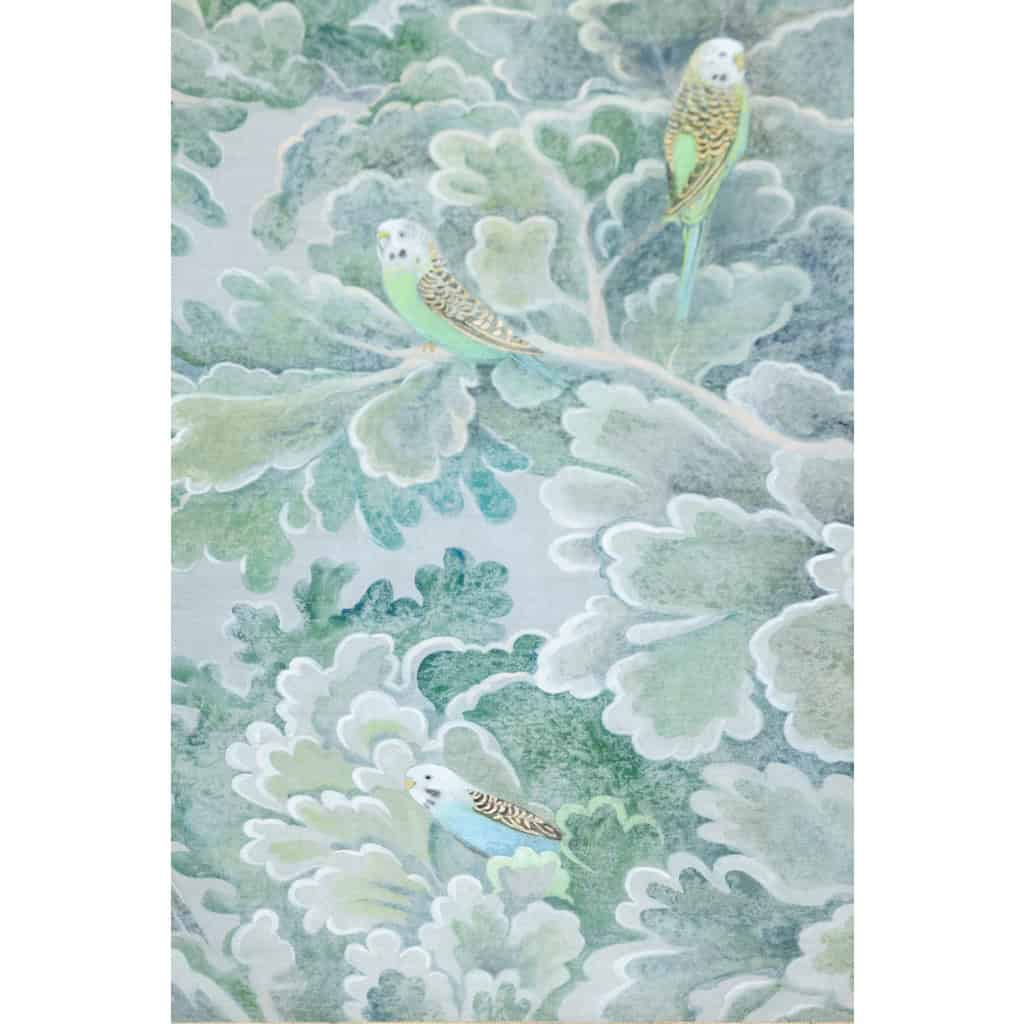 Toile peinte représentant des perruches. Travail contemporain. LS6271A675M 6