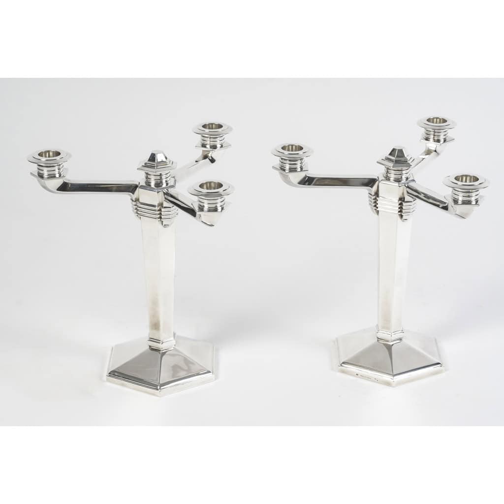 Jean E. Puiforcat – Paire De Bougeoirs Candélabres Moderniste Art Déco Argent Massif 3