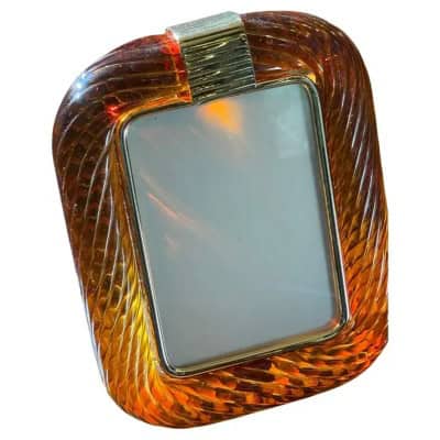 Cadre photo en verre de Murano torsadé ambré orange.