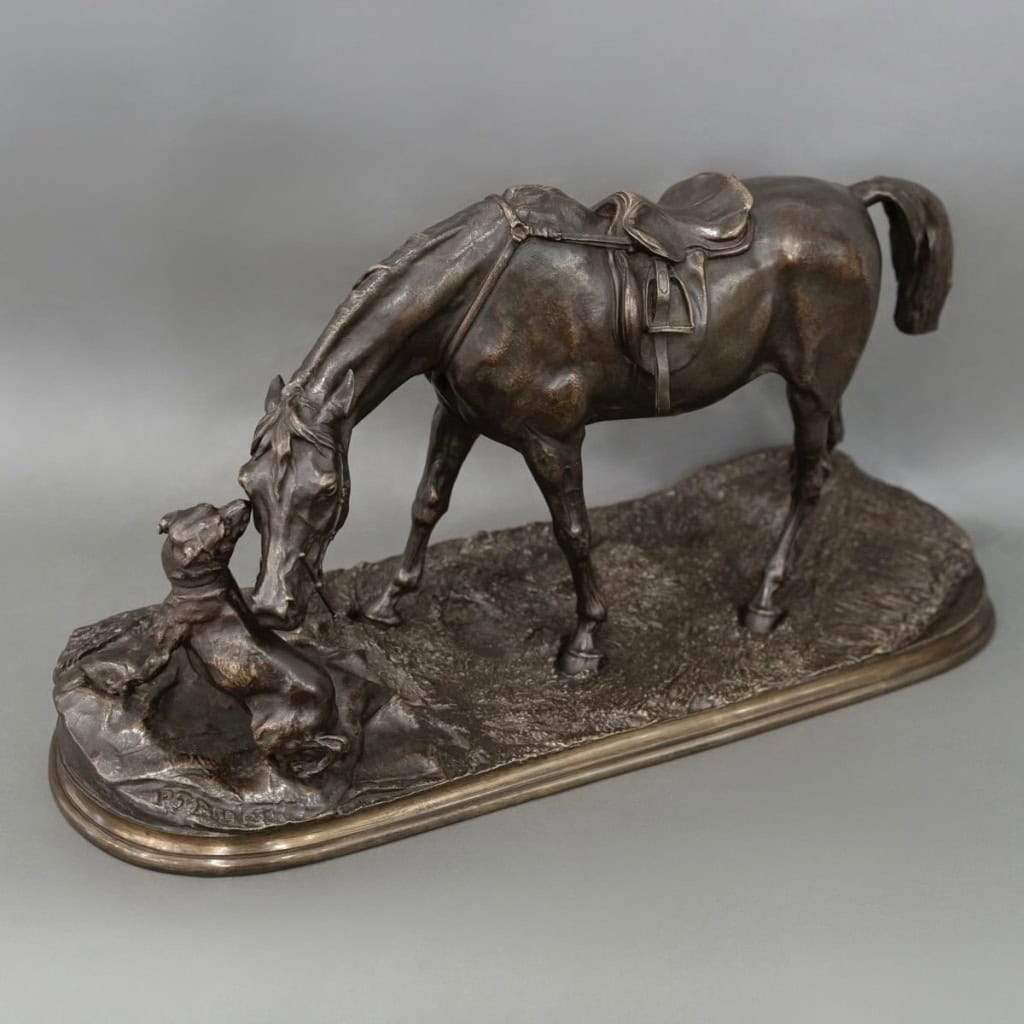 Sculpture – Jument à L’ Écurie Jouant Avec Un Chien , Pierre – Jules Mêne (1810-1879) – Bronze 5