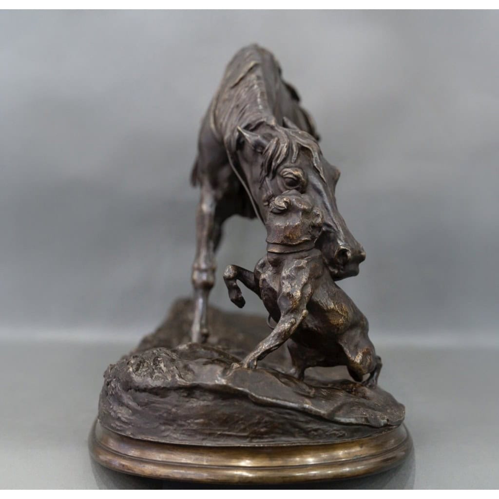 Sculpture – Jument à L’ Écurie Jouant Avec Un Chien , Pierre – Jules Mêne (1810-1879) – Bronze 7