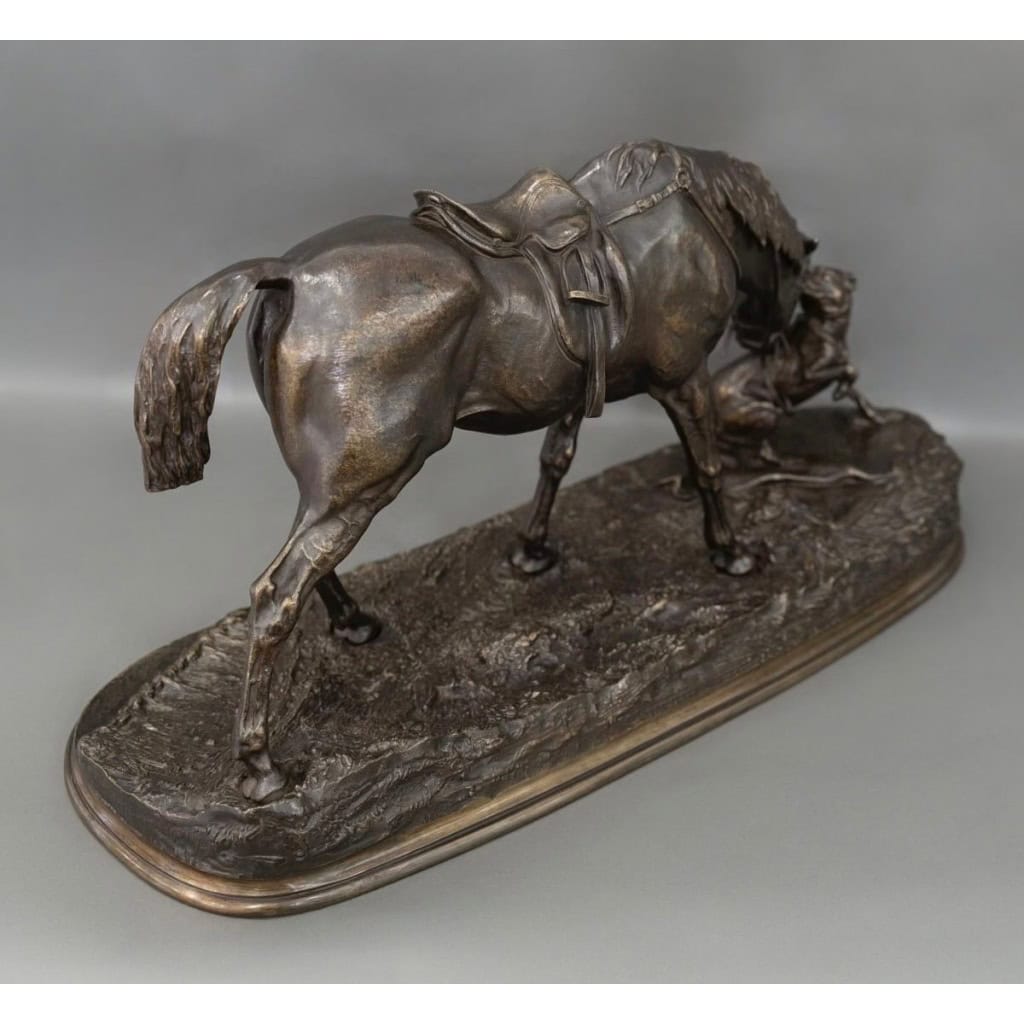 Sculpture – Jument à L’ Écurie Jouant Avec Un Chien , Pierre – Jules Mêne (1810-1879) – Bronze 11