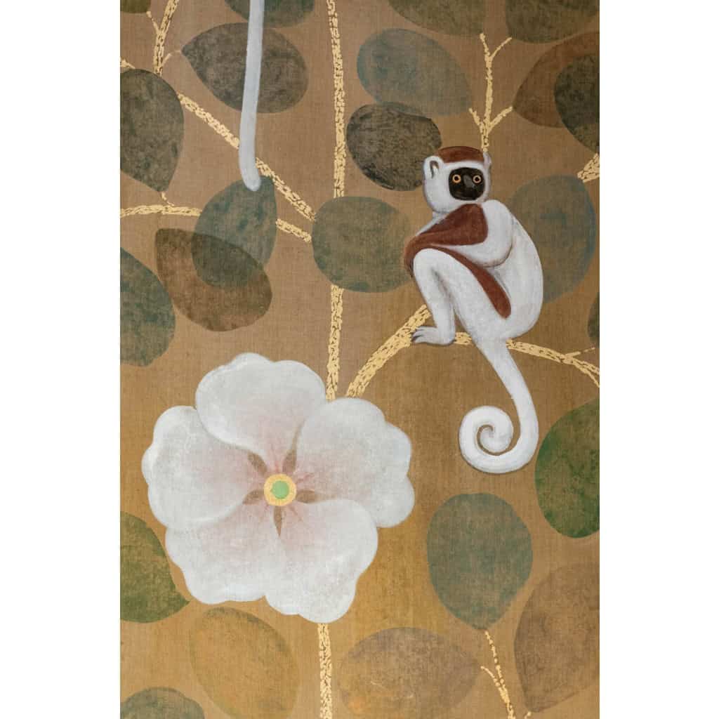 Toile peinte représentant des lémuriens. Travail contemporain.LS6437B1089P 5