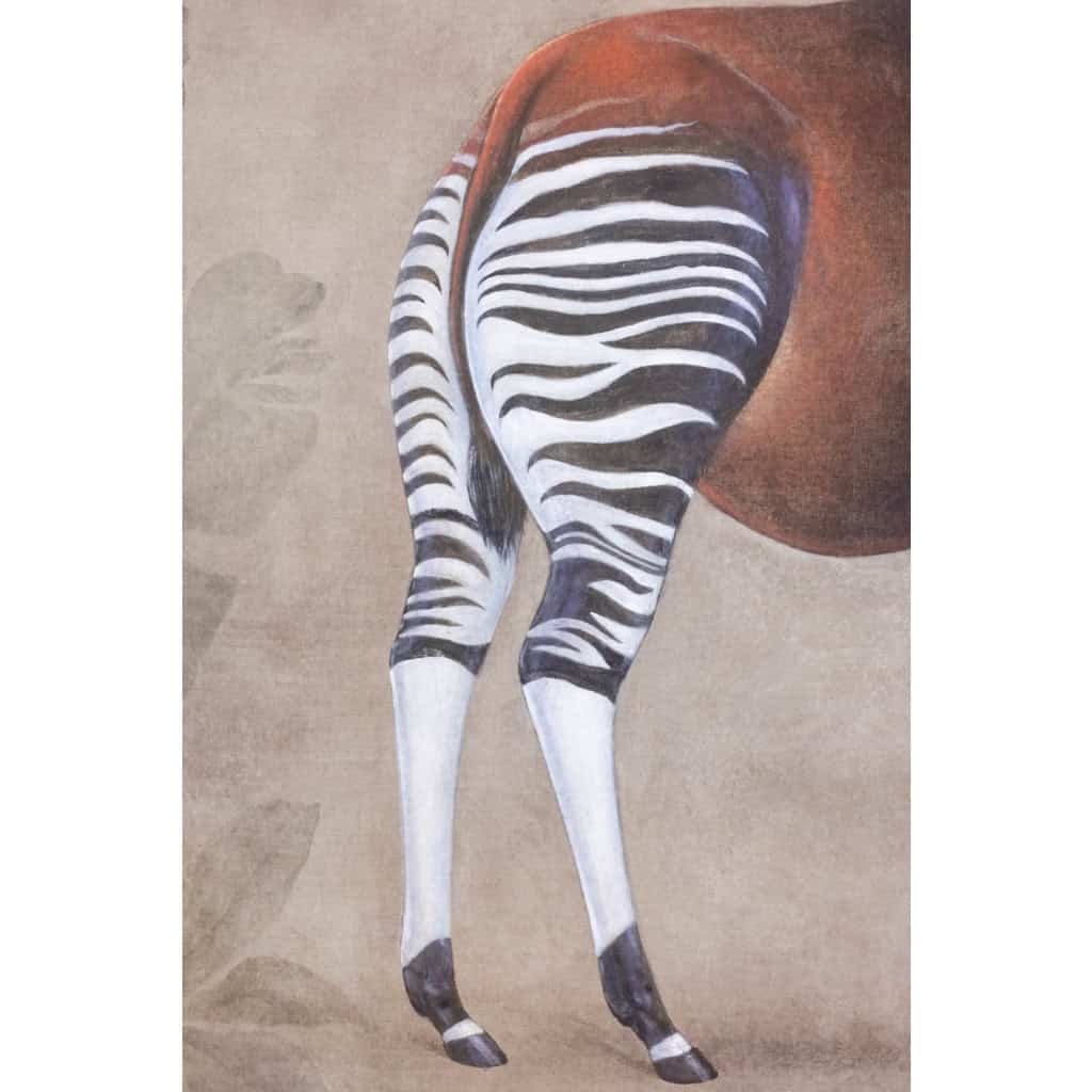 Toile peinte représentant un okapi sur un fond gris. Contemporain. LS63391621B 4