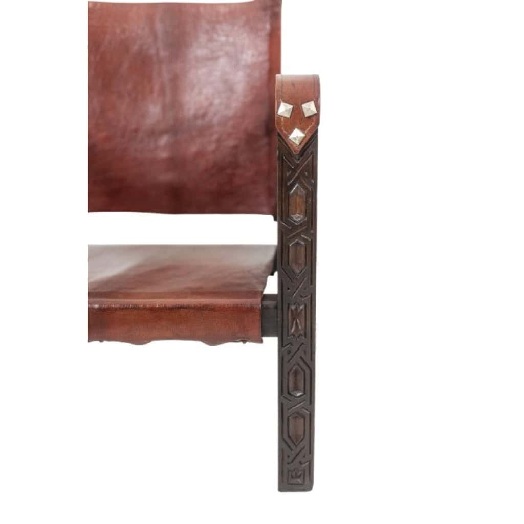 Fauteuil « Safari » en bois et cuir cognac. Années 1960/70. 8