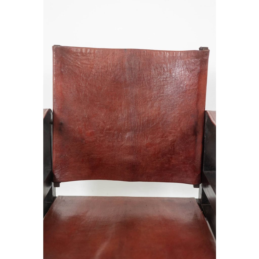 Fauteuil « Safari » en bois et cuir cognac. Années 1960/70. 9