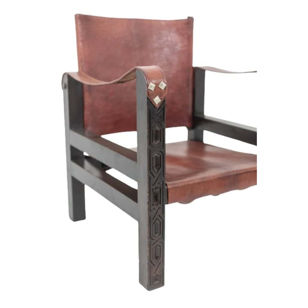 Fauteuil « Safari » en bois et cuir cognac. Années 1960/70. 10