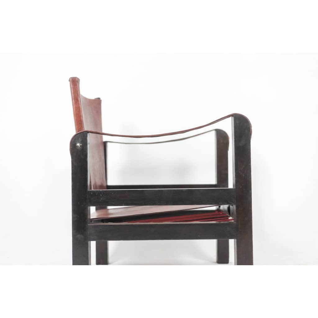 Fauteuil « Safari » en bois et cuir cognac. Années 1960/70. 13