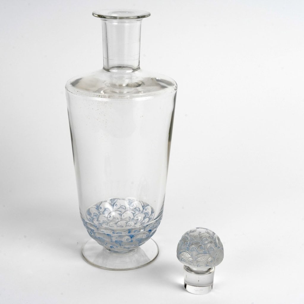 1931 René Lalique – Carafe Pouilly Poissons Verre Blanc Patiné Bleu 7