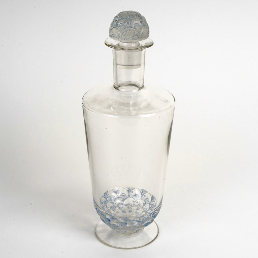 1931 René Lalique – Carafe Pouilly Poissons Verre Blanc Patiné Bleu 4