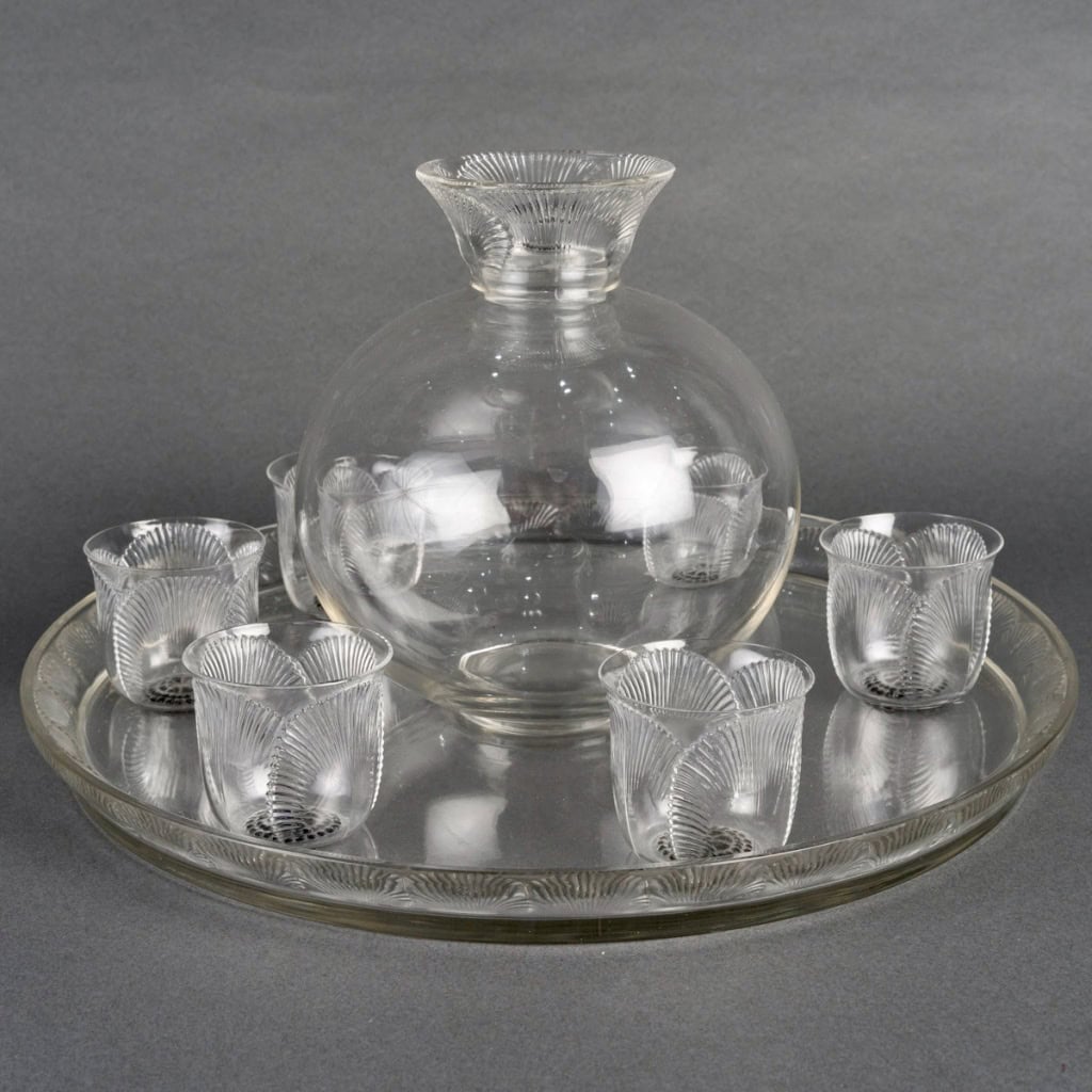 1922 René Lalique – Service Coquelicot Verre Blanc – 6 Verres, 1 Carafe, 1 Plateau 3