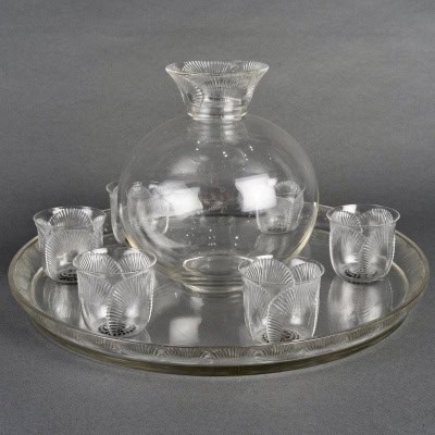 1922 René Lalique – Service Coquelicot Verre Blanc – 6 Verres, 1 Carafe, 1 Plateau