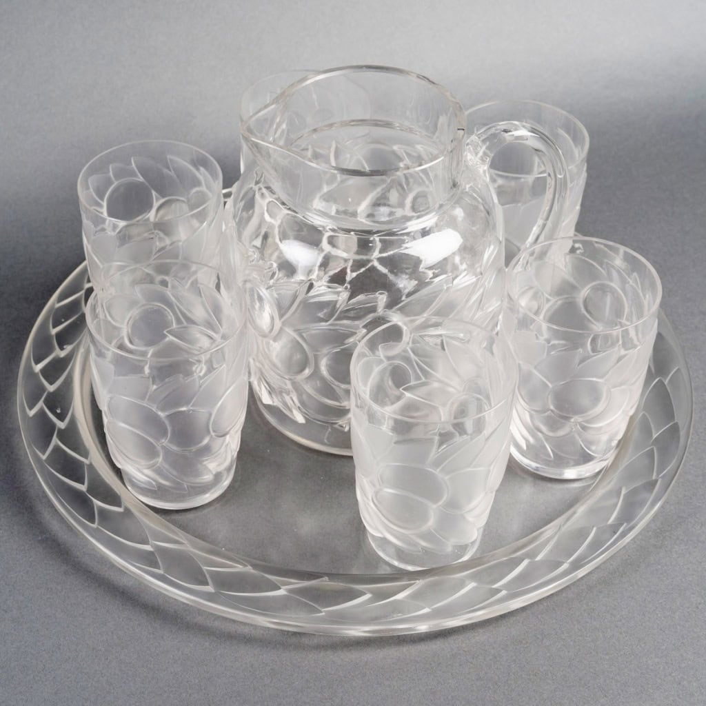 1931 René Lalique – Service Blidah Verre Blanc – 6 Verres, 1 Carafe, 1 Plateau 4