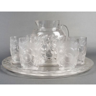 1931 René Lalique – Service Blidah Verre Blanc – 6 Verres, 1 Carafe, 1 Plateau