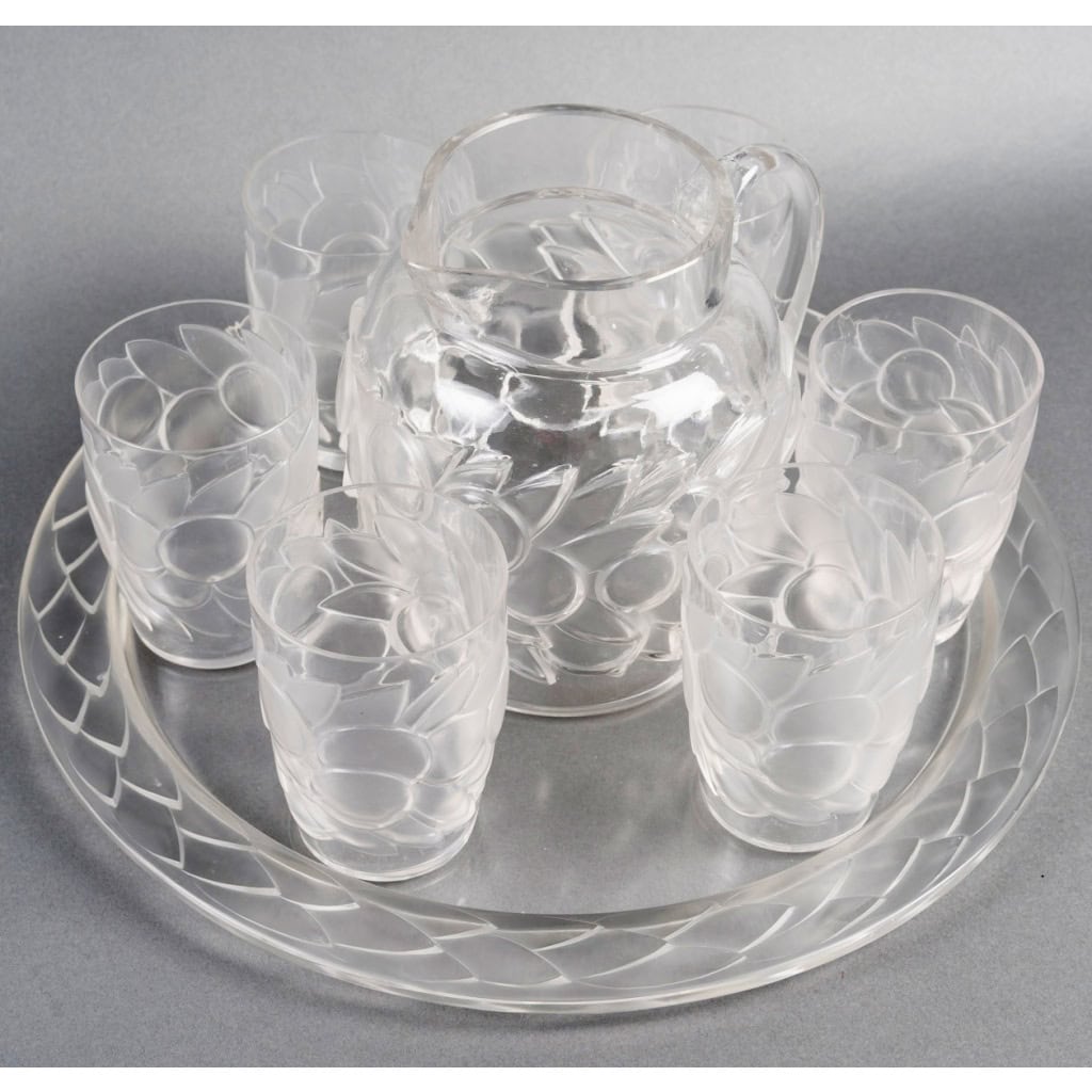 1931 René Lalique – Service Blidah Verre Blanc – 6 Verres, 1 Carafe, 1 Plateau 5