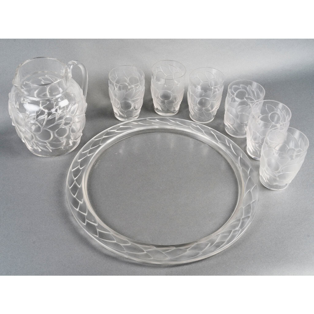 1931 René Lalique – Service Blidah Verre Blanc – 6 Verres, 1 Carafe, 1 Plateau 6