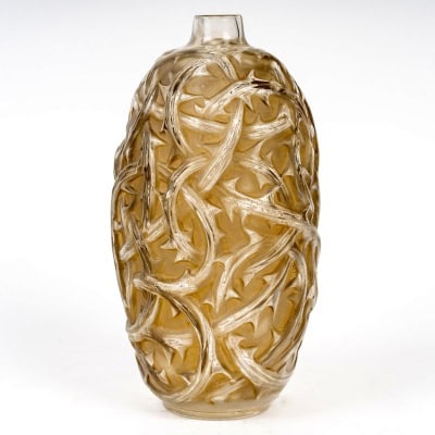 1920 René Lalique – Vase Ronces Verre Blanc Patiné Sépia