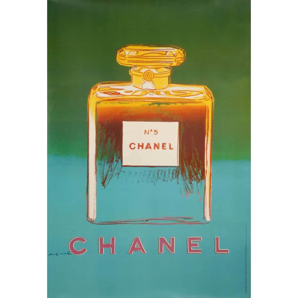 Affiche Originale, d’après Andy Warhol, Chanel N°5, Pop Art, Mode, Luxe, Couture, Parfum, Eau de Toilette, Odeur, Vert, Bleu, 1997 3