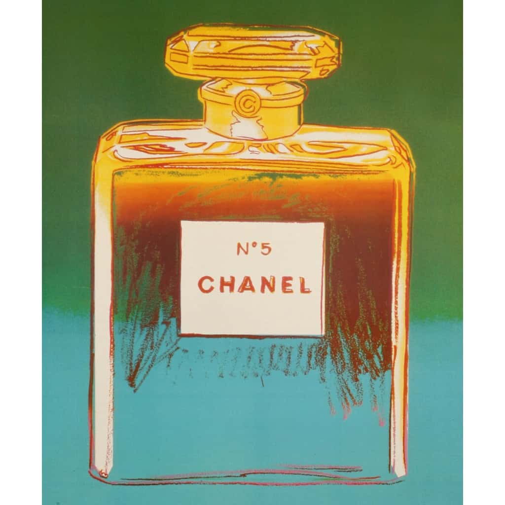 Affiche Originale, d’après Andy Warhol, Chanel N°5, Pop Art, Mode, Luxe, Couture, Parfum, Eau de Toilette, Odeur, Vert, Bleu, 1997 4