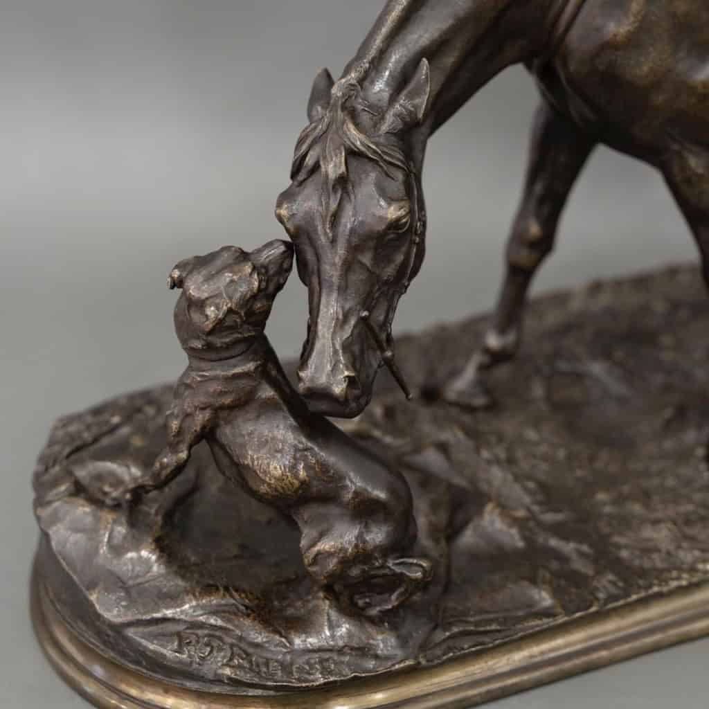Sculpture – Jument à L’ Écurie Jouant Avec Un Chien , Pierre – Jules Mêne (1810-1879) – Bronze 12