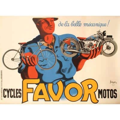 Affiche Originale, Jacques et Pierre Bellenger, Favor, Cycles, Vélomoteurs, Motos, Motocycle, Mobylette, Bécane, Bicyclette, Vélo, Deux Roues, Motard, Biker, Pilote, Mécanique, Clermont-Ferrand, 1937