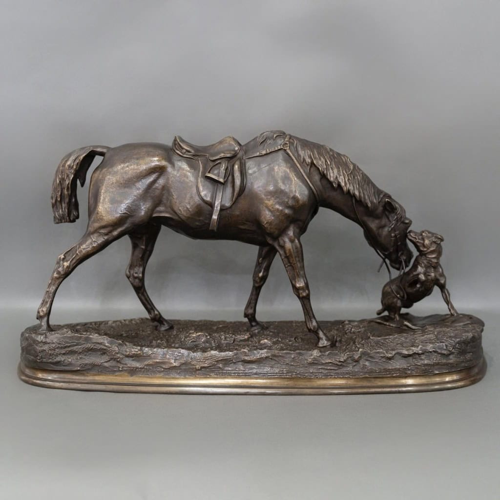 Sculpture – Jument à L’ Écurie Jouant Avec Un Chien , Pierre – Jules Mêne (1810-1879) – Bronze 9