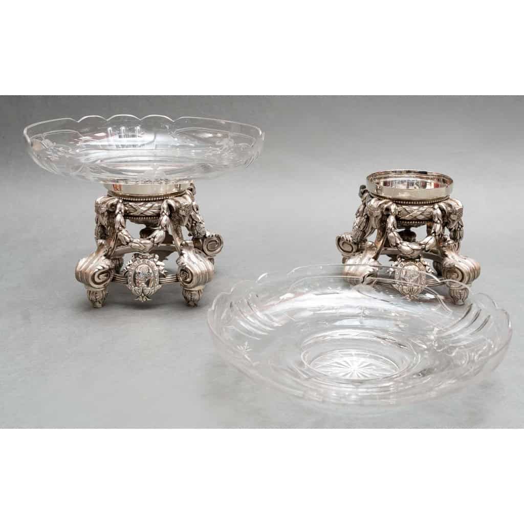 Paire de coupes en cristal gravé sur support en argent massif XIXe 12