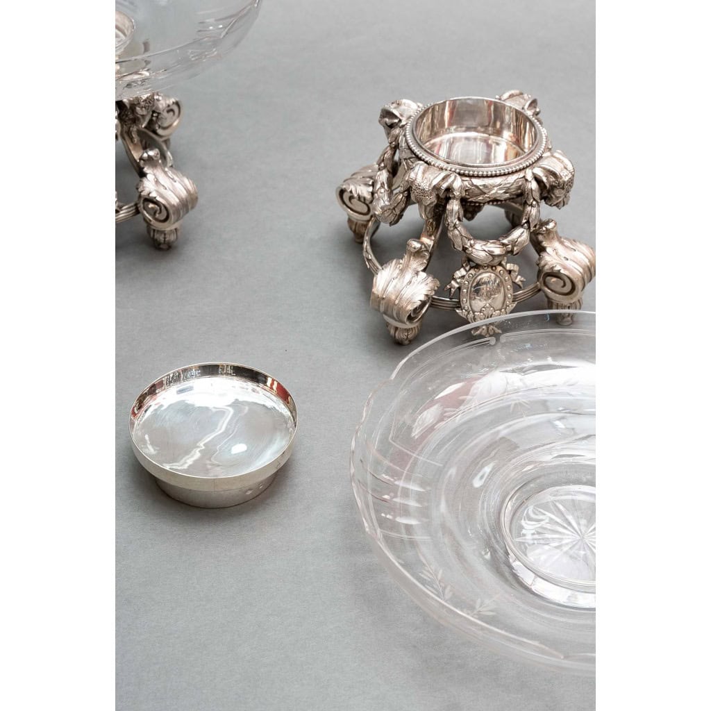 Paire de coupes en cristal gravé sur support en argent massif XIXe 13