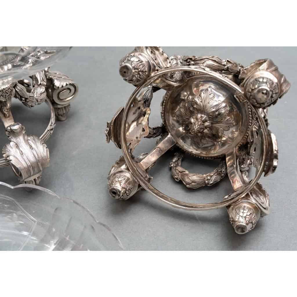 Paire de coupes en cristal gravé sur support en argent massif XIXe 16