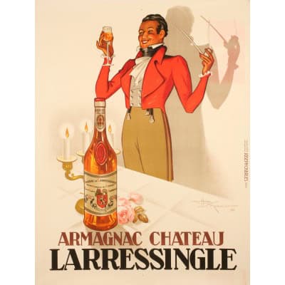 Affiche Originale, Henry Le Monnier, Armagnac Château Larresingle, Alcool, Liqueur, Spiritueux, Eau de Vie, Distillerie, Vin, Boisson, Bouteille, Verre, Homme, Costume, 1938