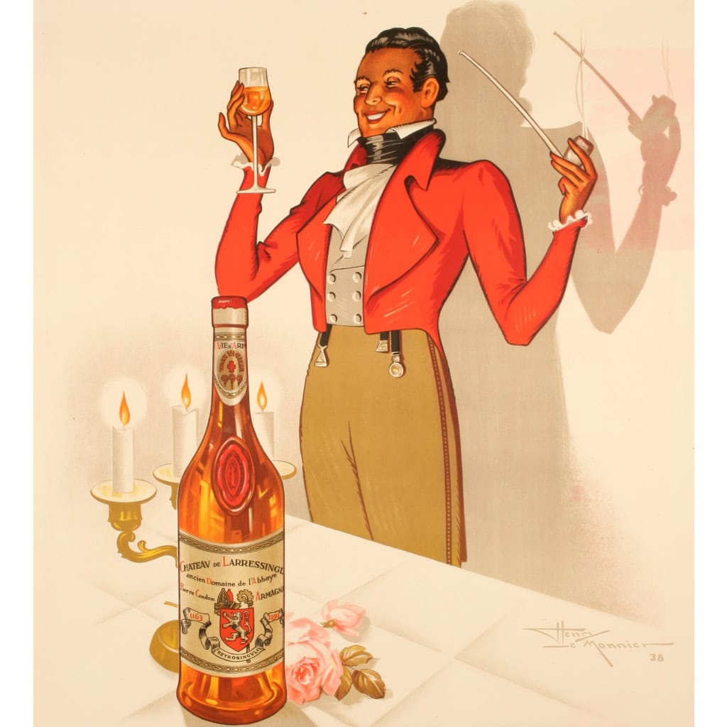 Affiche Originale, Henry Le Monnier, Armagnac Château Larresingle, Alcool, Liqueur, Spiritueux, Eau de Vie, Distillerie, Vin, Boisson, Bouteille, Verre, Homme, Costume, 1938 4
