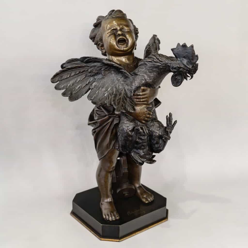 Sculpture – L ‘ Enfant Au Coq , Adriano CECIONI (1838-1886) – Bronze 3