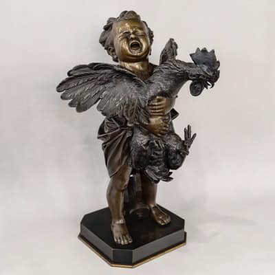 Sculpture – L ‘ Enfant Au Coq , Adriano CECIONI (1838-1886) – Bronze