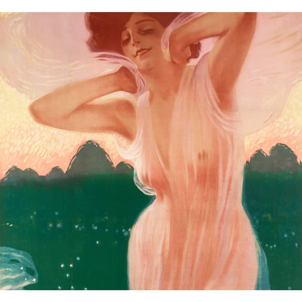 Affiche Art Nouveau Originale, Leopoldo Metlicovitz, Flouvella, Sauzé Frères, Parfum, Parfumeur, Eau de Cologne, Eau de Toilette, Cosmétique, Senteur, Odeur, Arôme, Femme, Robe, Rose, Voile, Nu c.1910 4