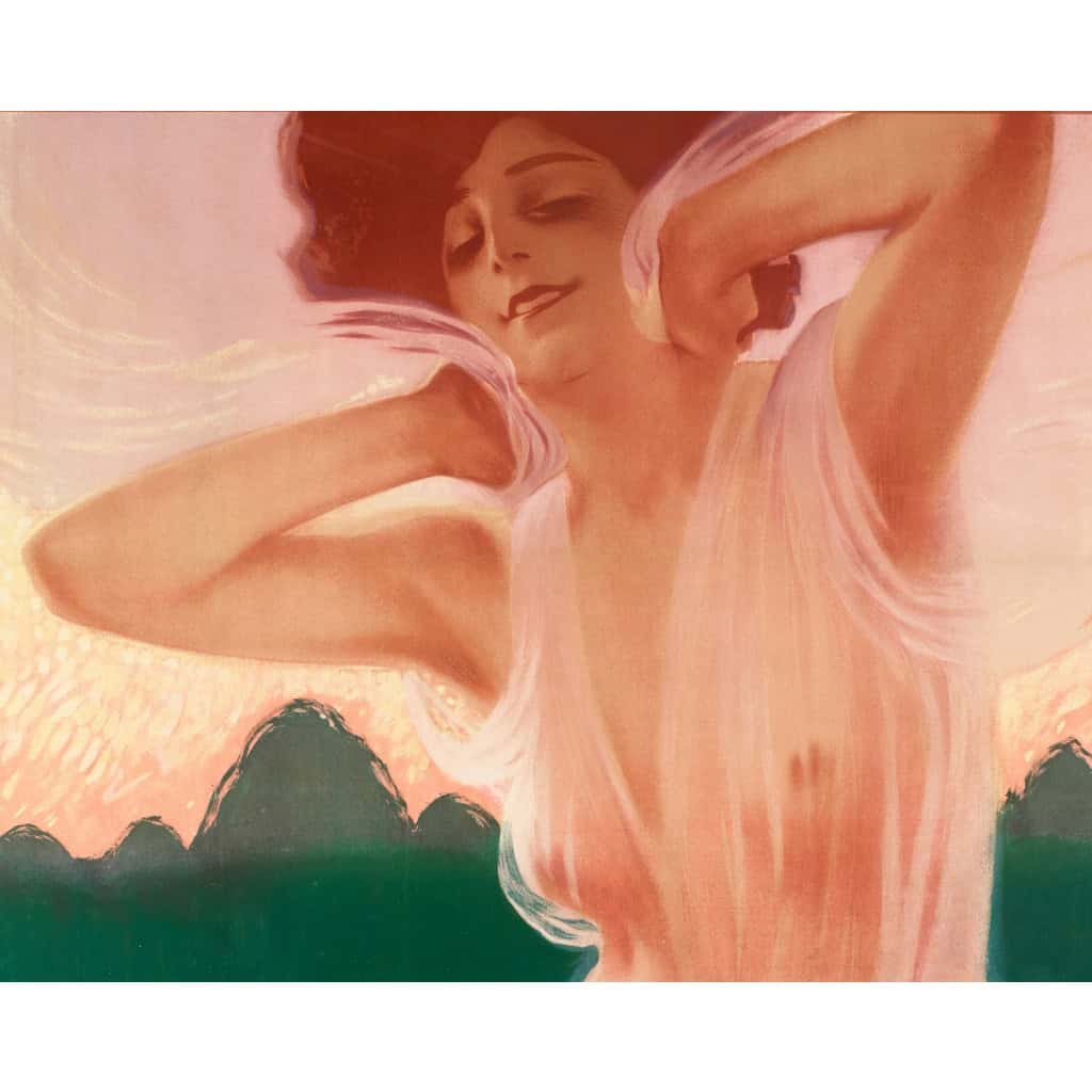 Affiche Art Nouveau Originale, Leopoldo Metlicovitz, Flouvella, Sauzé Frères, Parfum, Parfumeur, Eau de Cologne, Eau de Toilette, Cosmétique, Senteur, Odeur, Arôme, Femme, Robe, Rose, Voile, Nu c.1910 5