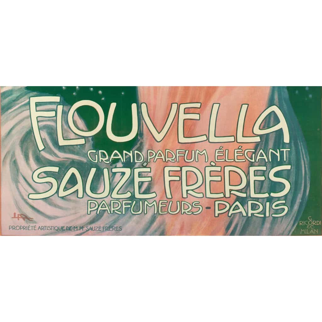Affiche Art Nouveau Originale, Leopoldo Metlicovitz, Flouvella, Sauzé Frères, Parfum, Parfumeur, Eau de Cologne, Eau de Toilette, Cosmétique, Senteur, Odeur, Arôme, Femme, Robe, Rose, Voile, Nu c.1910 6