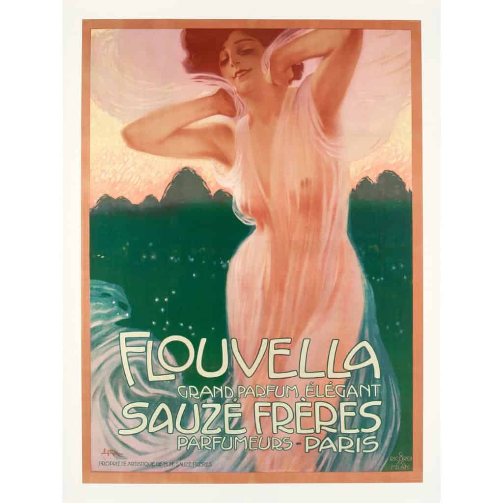 Affiche Art Nouveau Originale, Leopoldo Metlicovitz, Flouvella, Sauzé Frères, Parfum, Parfumeur, Eau de Cologne, Eau de Toilette, Cosmétique, Senteur, Odeur, Arôme, Femme, Robe, Rose, Voile, Nu c.1910 3