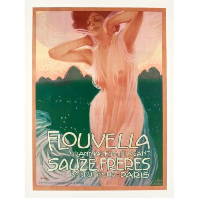Affiche Art Nouveau Originale, Leopoldo Metlicovitz, Flouvella, Sauzé Frères, Parfum, Parfumeur, Eau de Cologne, Eau de Toilette, Cosmétique, Senteur, Odeur, Arôme, Femme, Robe, Rose, Voile, Nu c.1910