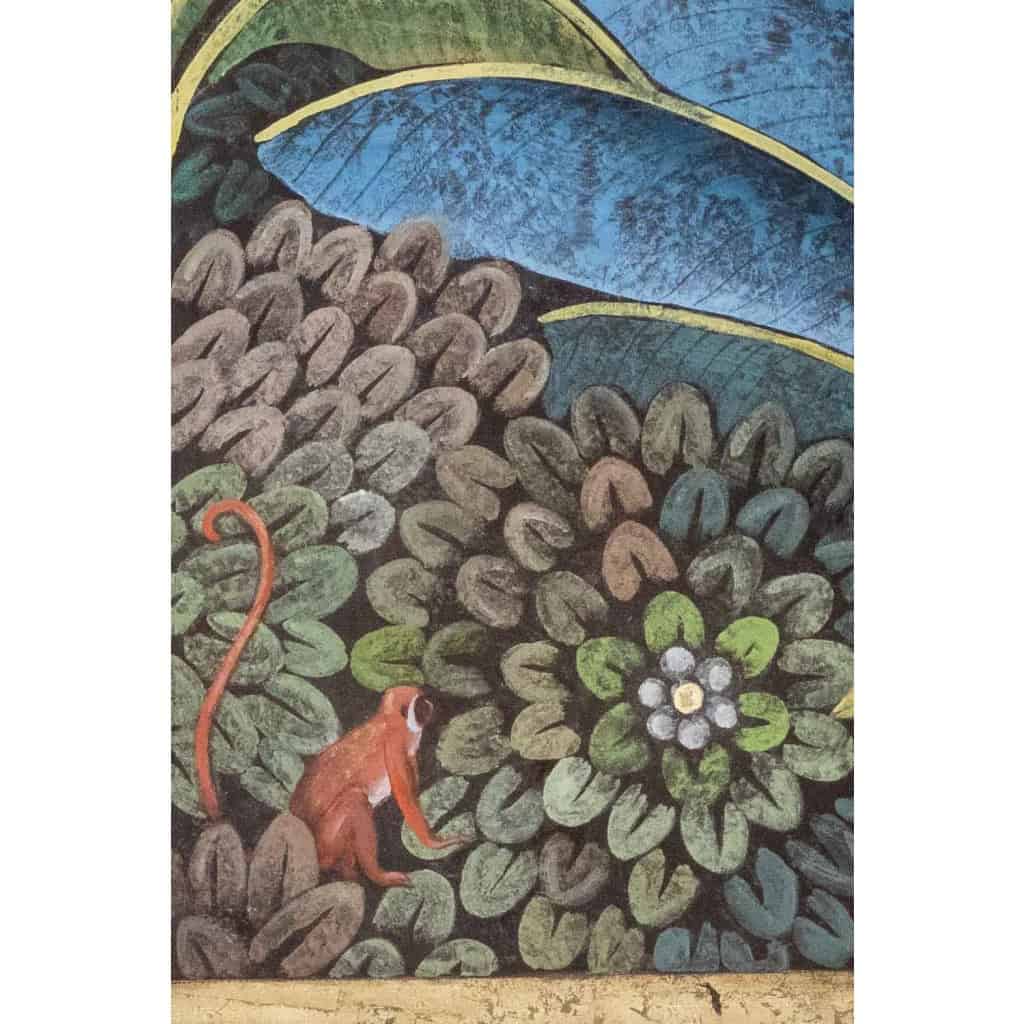 Toile peinte représentant un toucan sur un fond stylisé. Contemporain. LS6137458J 4