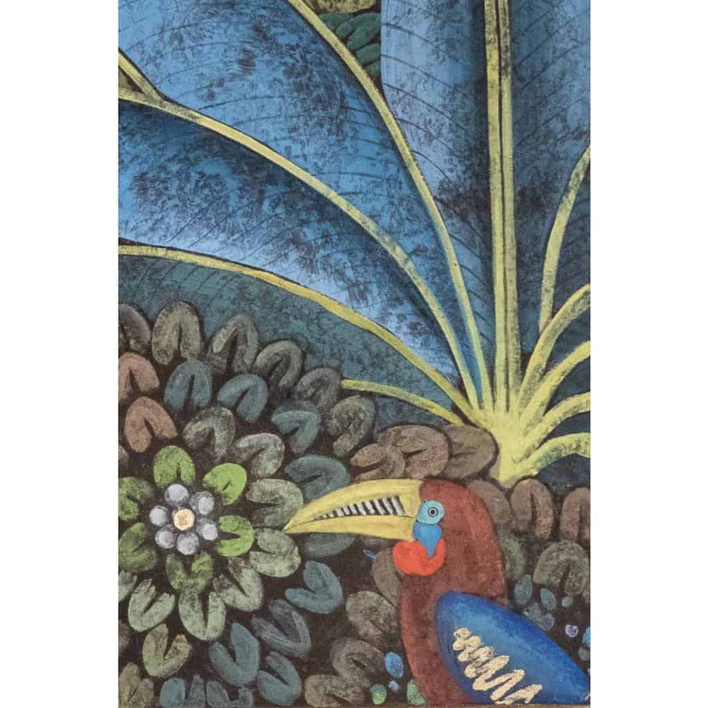 Toile peinte représentant un toucan sur un fond stylisé. Contemporain. LS6137458J 5